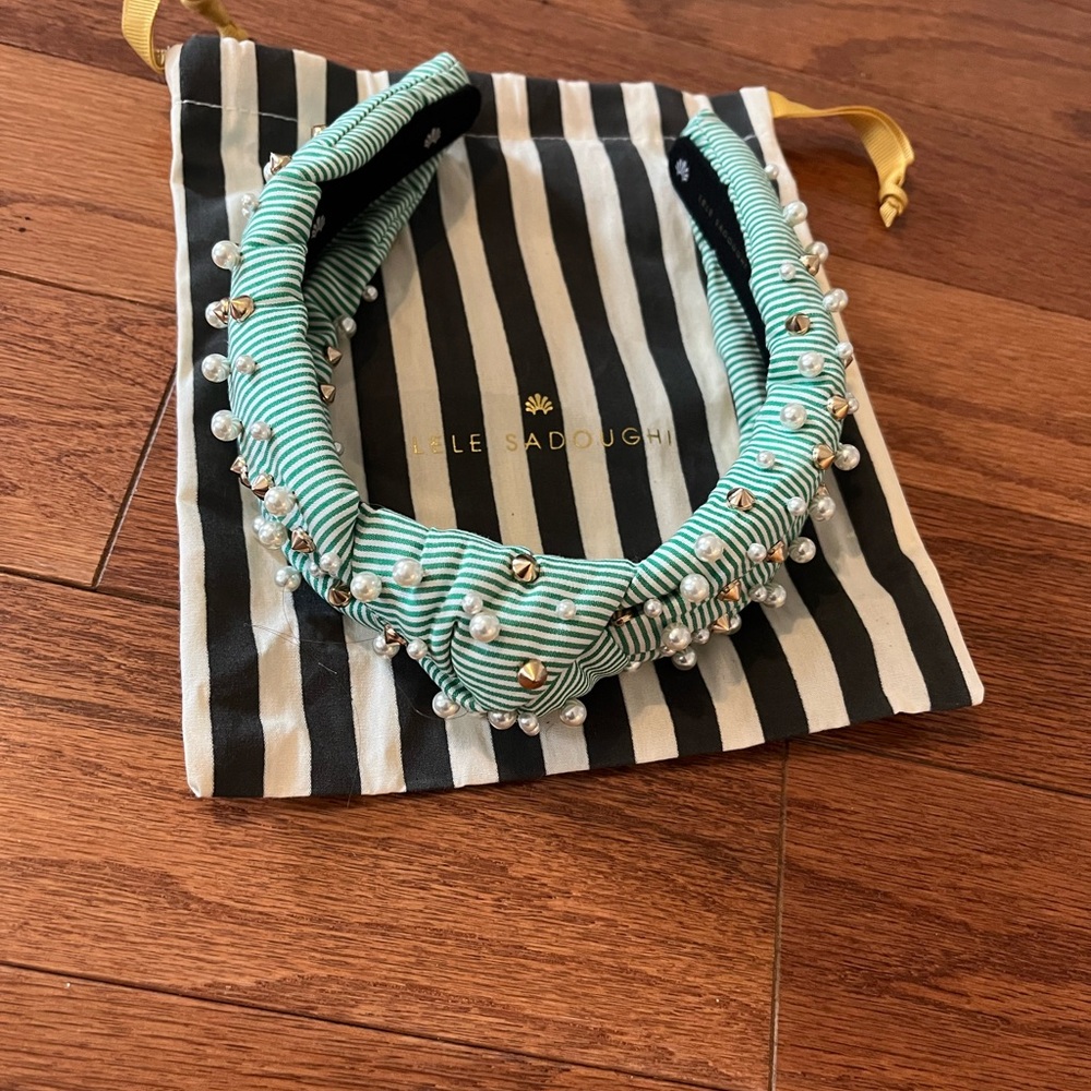 Lele Sadoughi Green Pearl Embellished Knotted Headband
